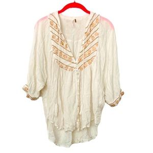 Free People Ivory Boho Bohemian Hippie Blouse Top Embroidered Button Small